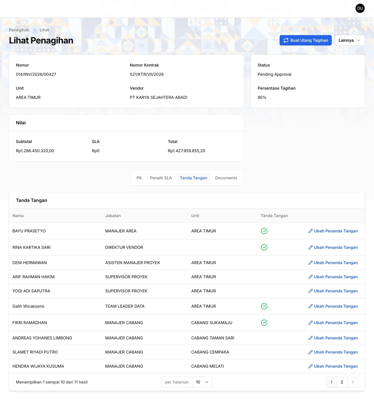 Tangkapan layar halaman penagihan yang menampilkan detail kontrak dan tabel antrean tanda tangan per peran, dalam data dummy.