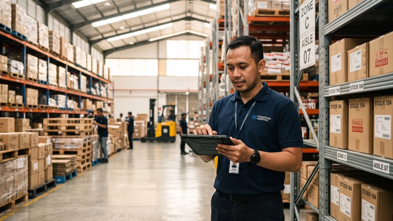 Seorang petugas gudang berpolo biru tua memeriksa stok di tablet, berdiri di lorong rak berisi karton berlabel.
