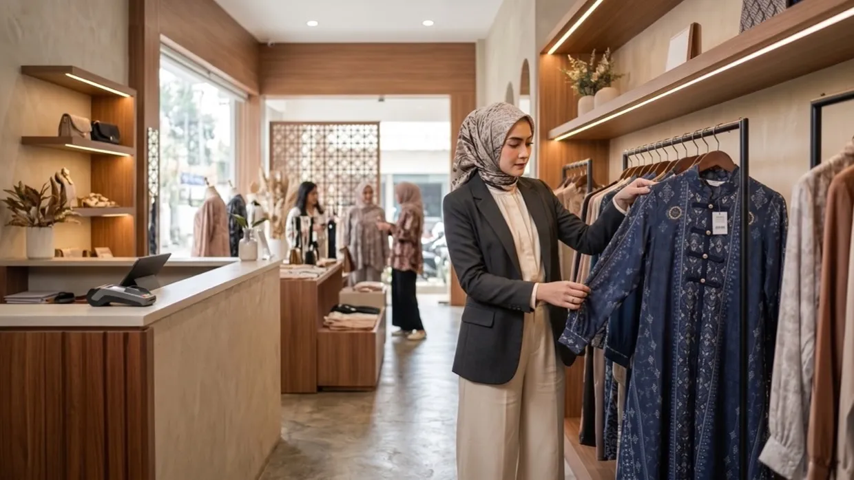Seorang perempuan berhijab memeriksa gamis bermotif di rak sebuah butik fashion, dengan meja kasir dan pengunjung lain di latar belakang.