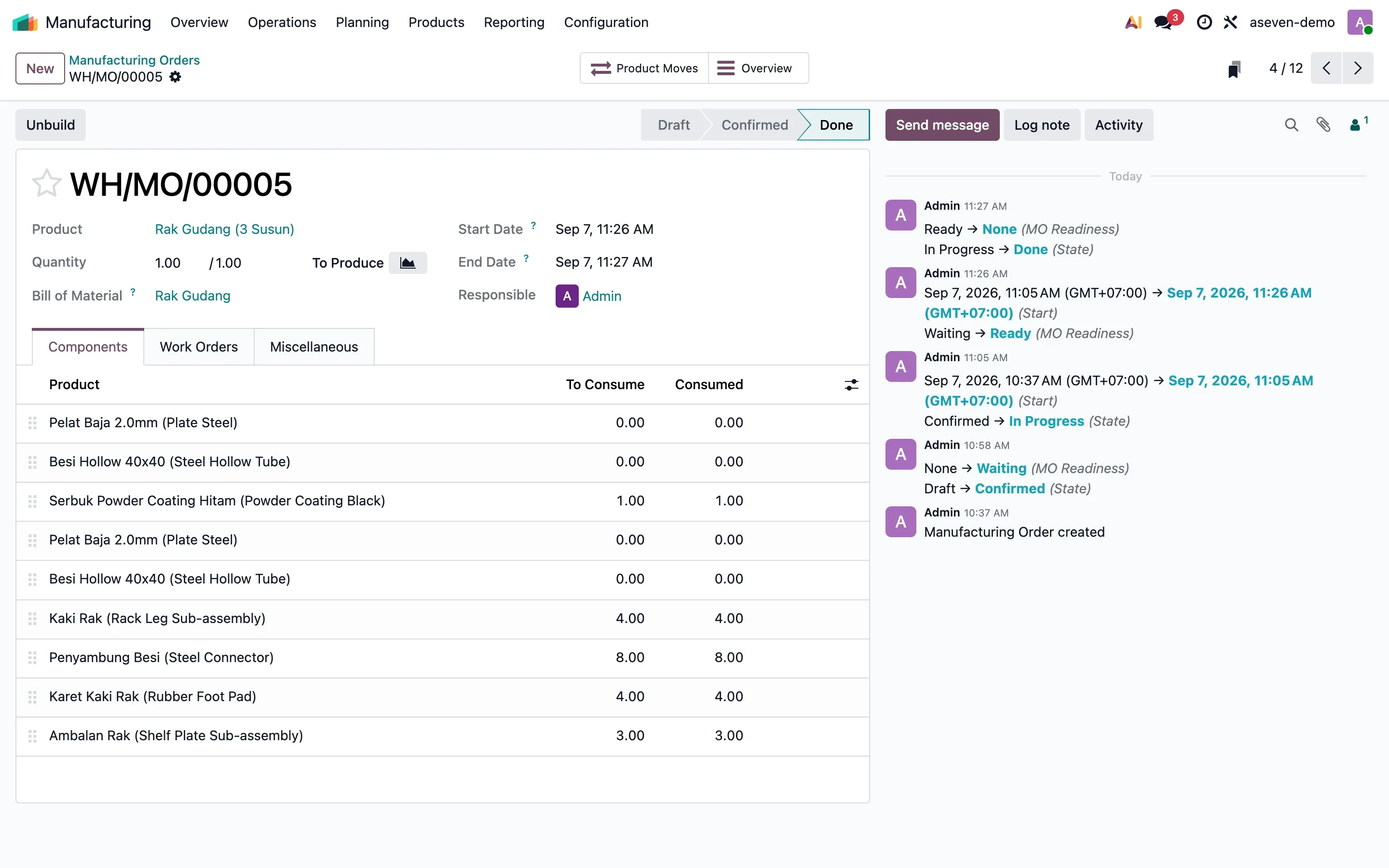 Layar Manufacturing Order di Odoo: detail perintah produksi Rak Gudang beserta daftar komponen dan riwayat aktivitasnya