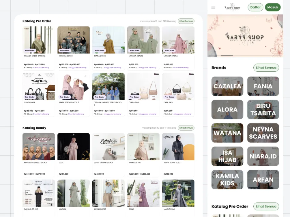 Halaman katalog ChicSpace di browser: dua bagian, Katalog Pre Order dan Katalog Ready, masing-masing menampilkan kartu produk dengan harga dan tenggat PO, serta daftar brand di kolom kanan.