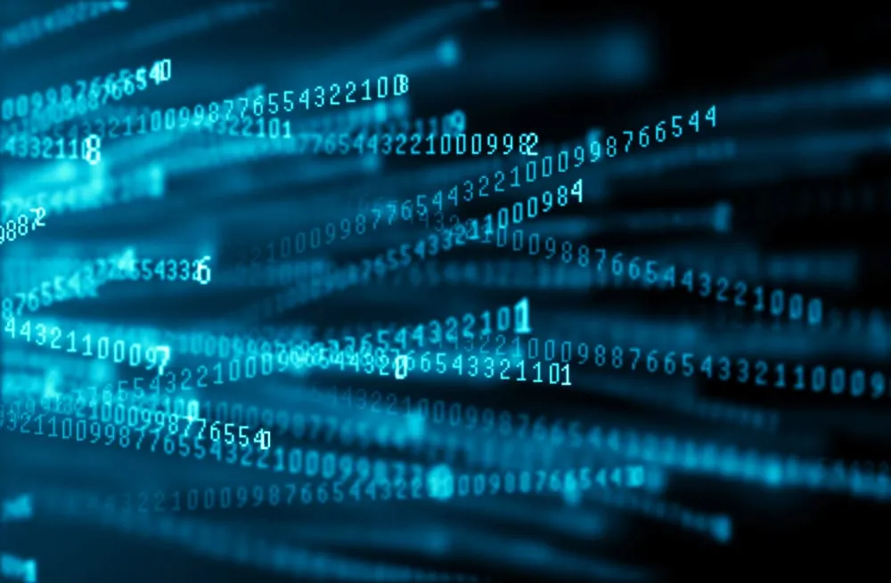 Deretan angka digital biru yang mengalir, menggambarkan perpindahan data