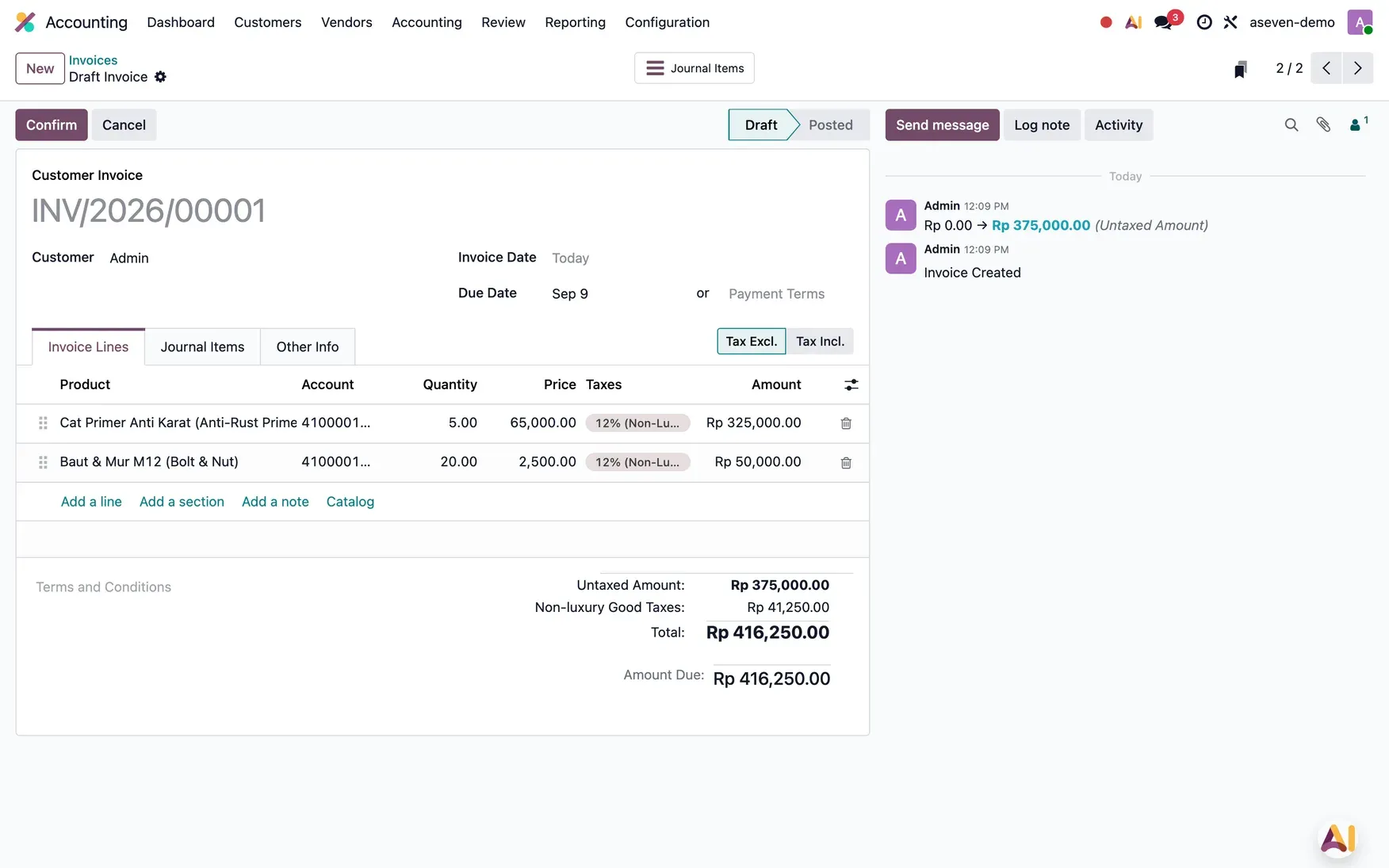 Draft Customer Invoice INV/2026/00001 di modul Accounting Odoo: dua baris faktur, tanggal jatuh tempo, dan Amount Due Rp 416.250.