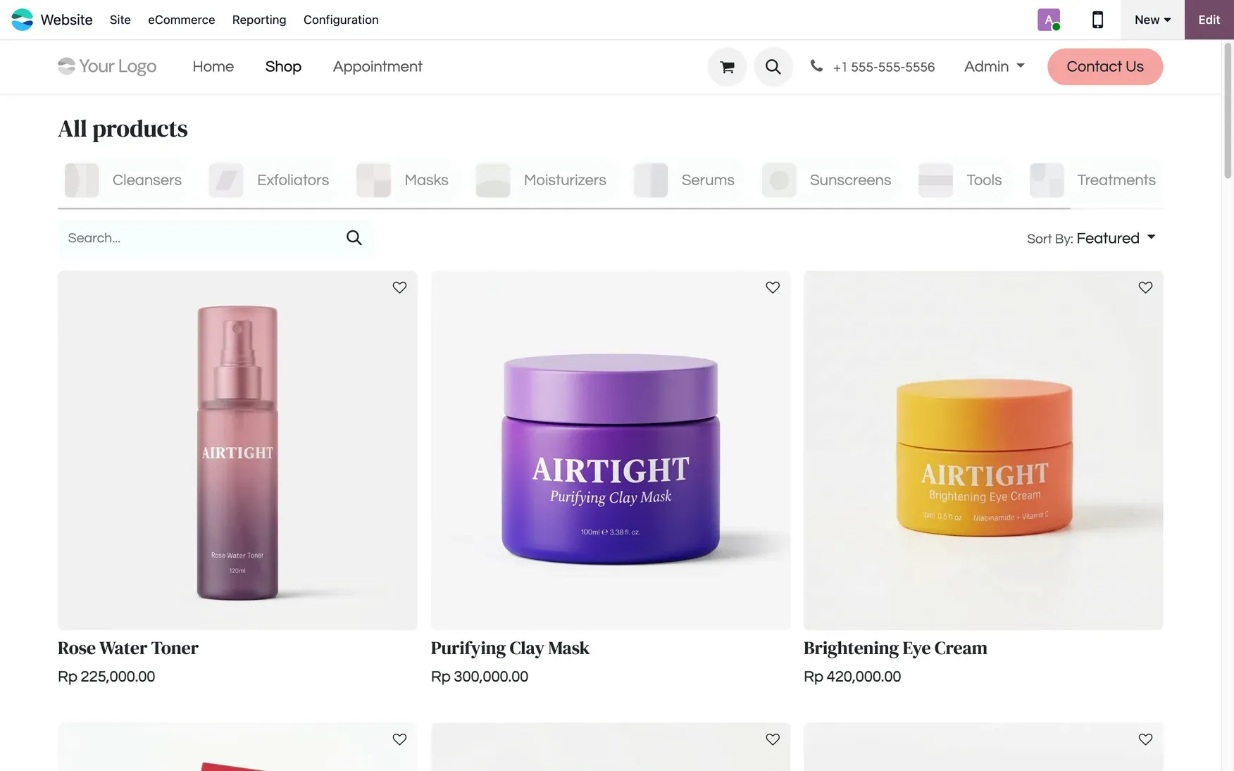 Halaman katalog "All products" pada toko eCommerce Odoo, menampilkan produk perawatan kulit lengkap dengan filter kategori dan harga.