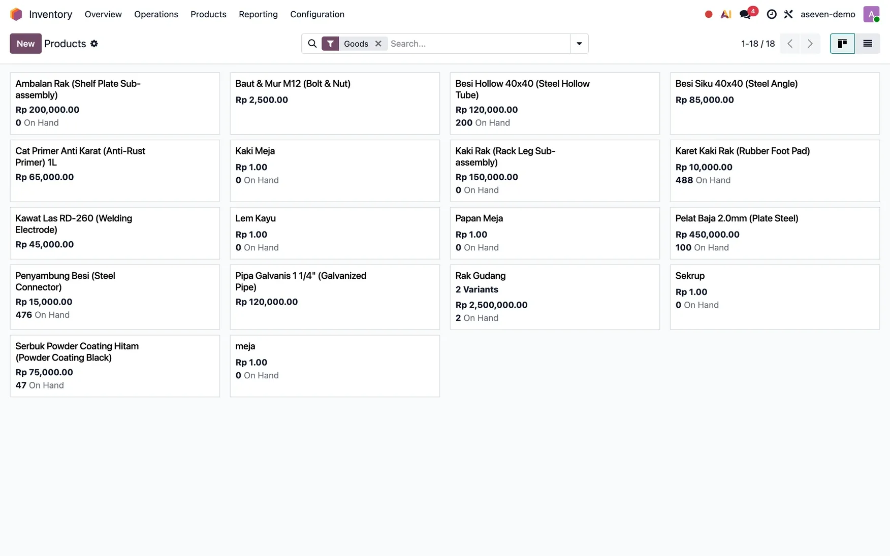 Tampilan kanban daftar produk di modul Inventory Odoo; tiap kartu memuat nama komponen, harga jual, dan jumlah stok tersedia.