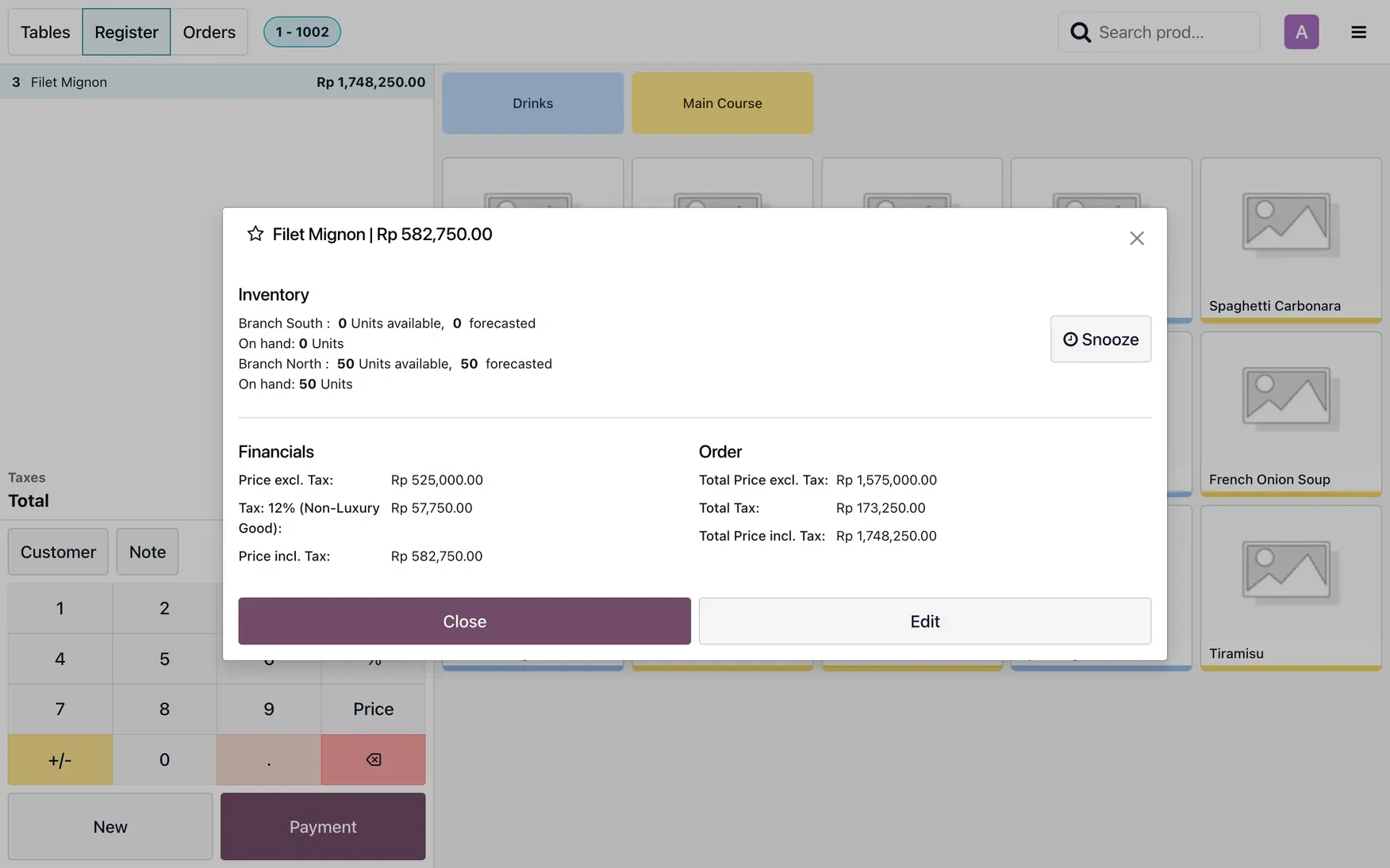 Dialog detail produk di POS Odoo: ketersediaan Filet Mignon di Branch South dan Branch North beserta rincian harga dan pajaknya.