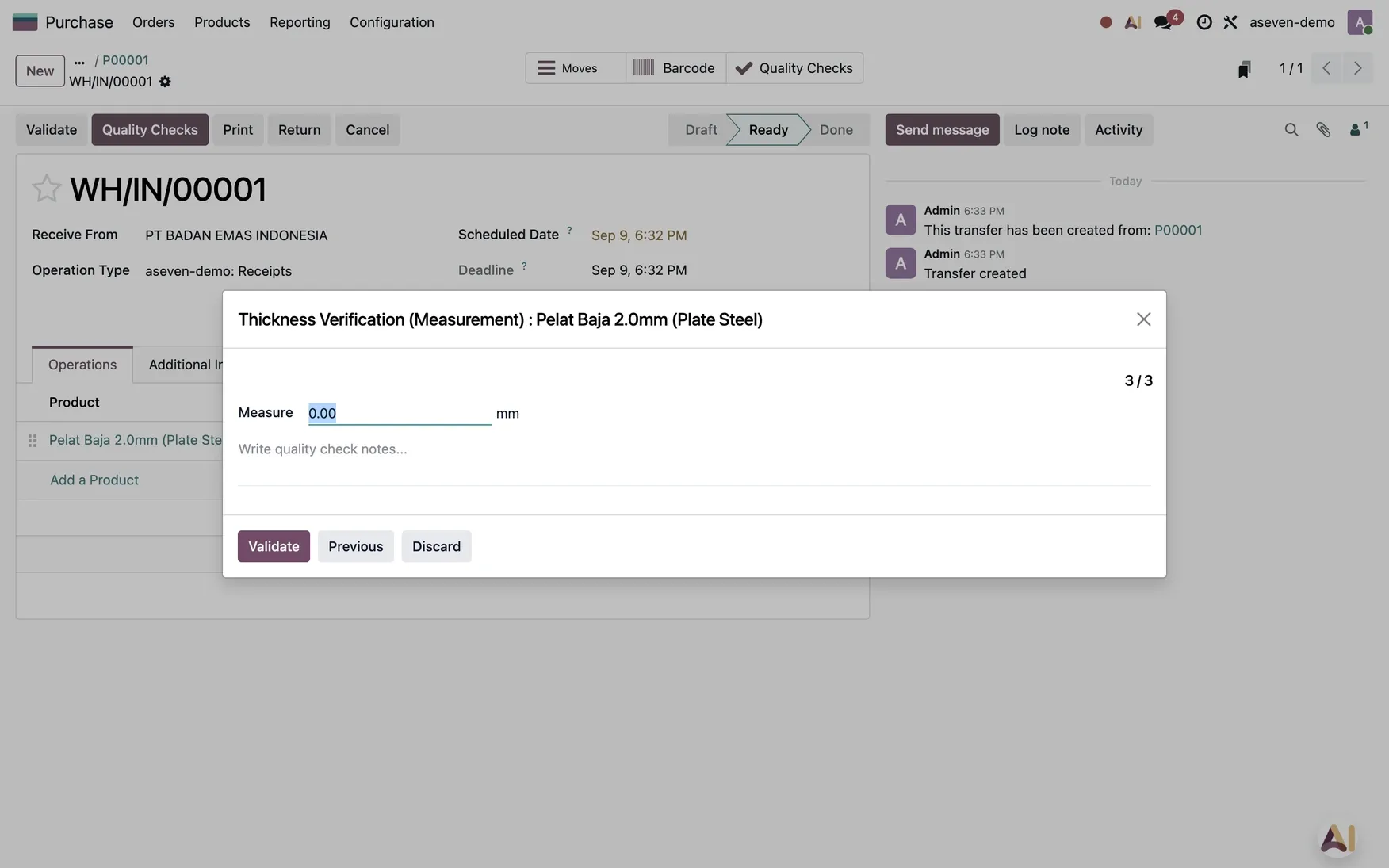 Dialog Quality Check di Odoo pada penerimaan barang WH/IN/00001, meminta pengukuran Thickness Verification untuk Pelat Baja 2.0mm.