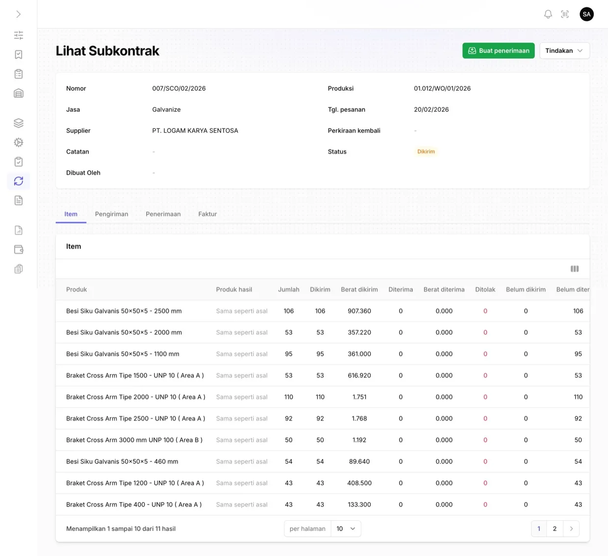 Halaman Lihat Subkontrak untuk jasa Galvanize: nomor subkontrak, supplier, nomor produksi, status Dikirim, dan tabel item dengan kolom jumlah, dikirim, berat dikirim, diterima, serta ditolak.