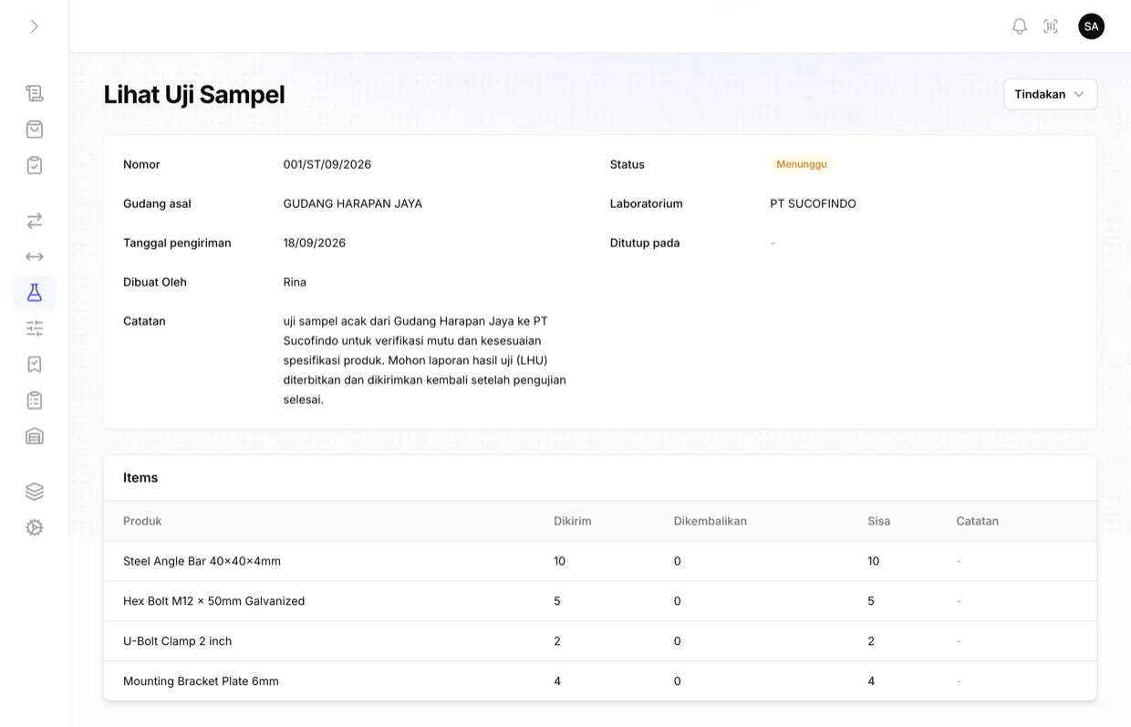 Halaman Lihat Uji Sampel: nomor 001/ST/09/2026 dengan status Menunggu, gudang asal, laboratorium PT Sucofindo, serta tabel item berisi jumlah dikirim, dikembalikan, dan sisa.