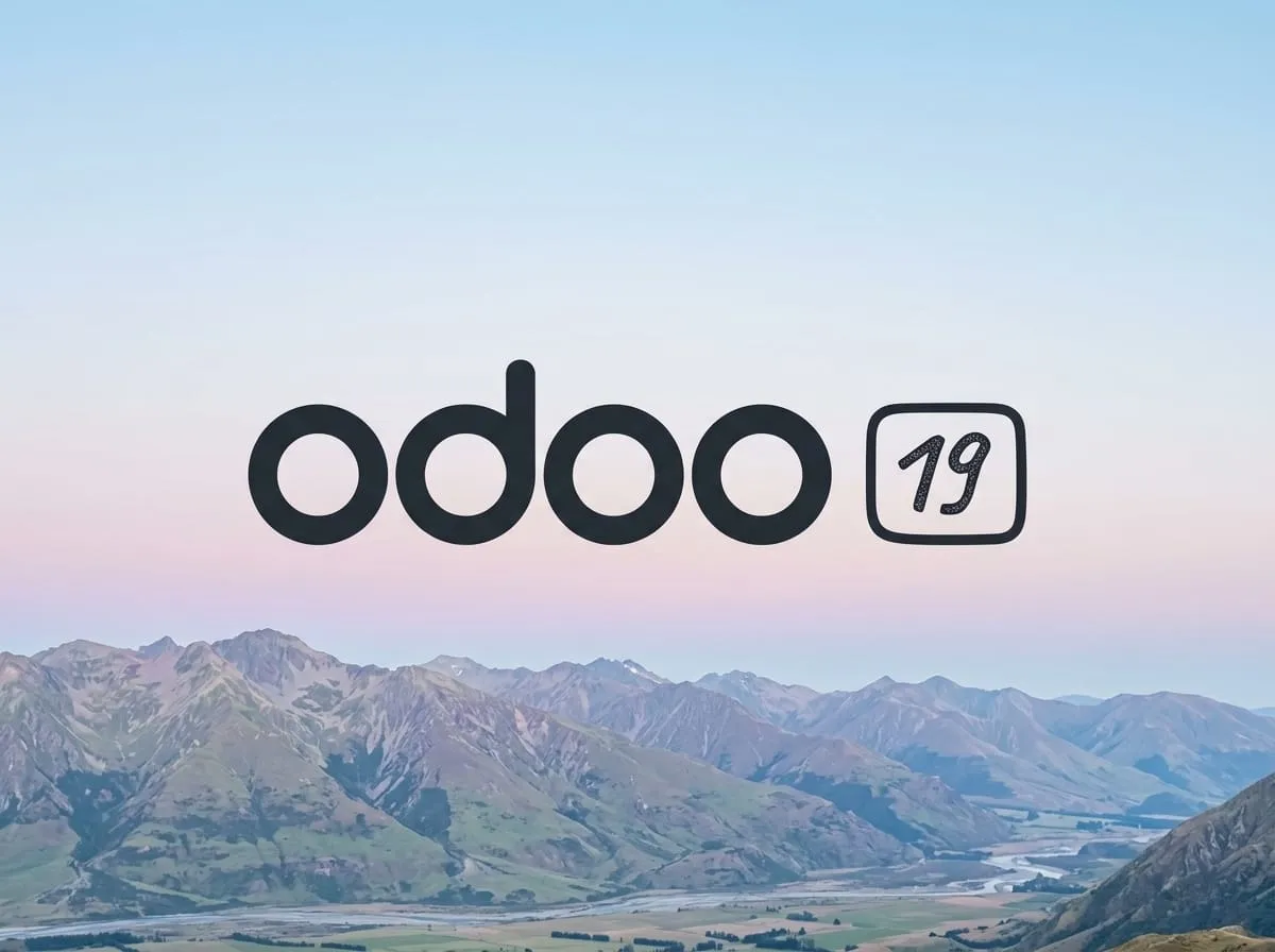 Logo Odoo 19 di atas lanskap pegunungan